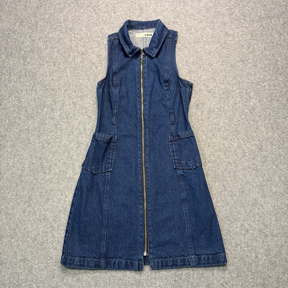 Women's Topshop Moto Denim Blue Jean Sleeveless‎ Zip Front Dress Size 4